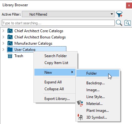 Right-click on the User Catalog folder in the Library Browser and select New> Folder