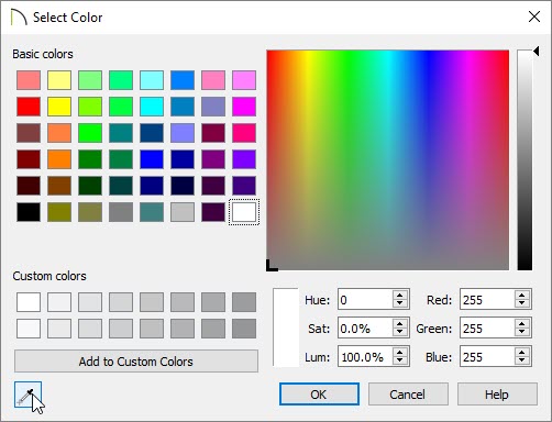 On a Windows computer, select the Eyedropper tool located in the bottom left corner of the Select Color dialog