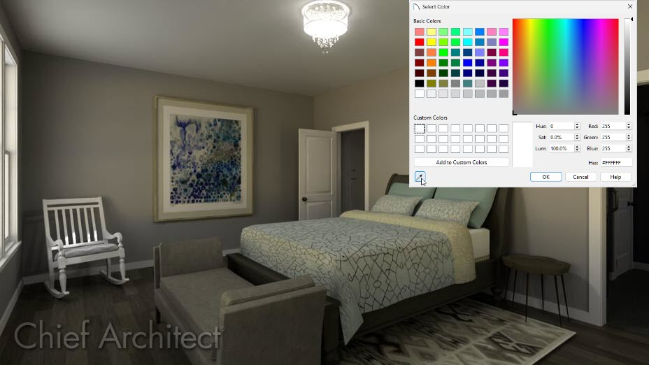 Bedroom with a painting on the wall and a white rocking chair