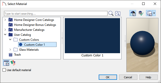 Use the Sleect Material dialog to choose your custom color material