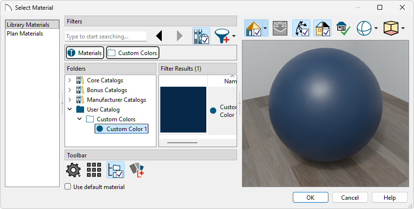 Use the Select Material dialog to choose your custom color material