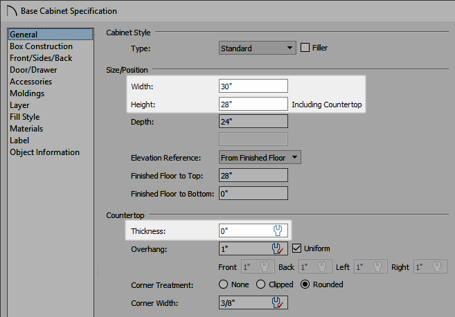 Width, height, and countertop thickness set on the General panel of the Base Cabinet Specification dialog