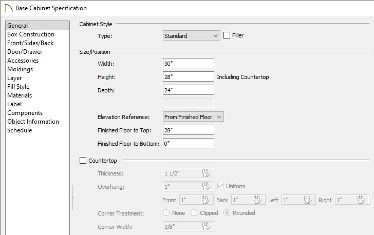 Width, height, and countertop thickness set on the General panel of the Base Cabinet Specification dialog
