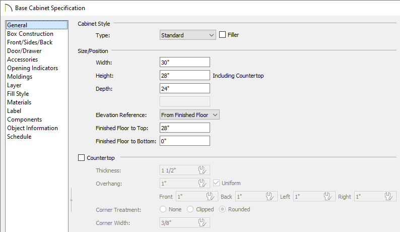 Width, height, and countertop thickness set on the General panel of the Base Cabinet Specification dialog