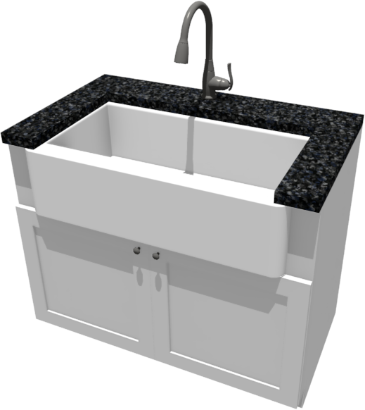 Camera view of an apron sink sitting inside a base cabinet