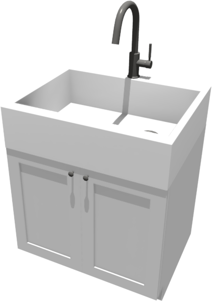 Camera view of an apron sink on top of a base cabinet