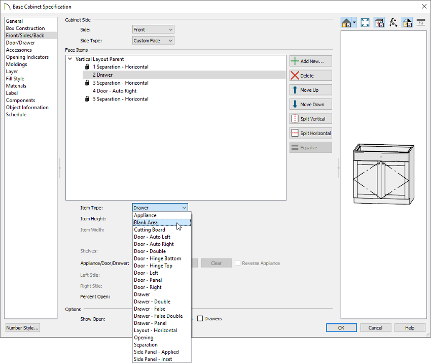 Converting a drawer to be a blank area on the Front/Sides/Back panel of the Base Cabinet specification dialog