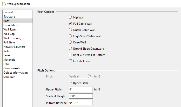 Wall Specification on the Roof panel setting it to be a Full Gable Wall with an Upper Pitch
