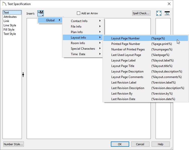 Inserting the Layout Page Number macro in the Text Specification dialog