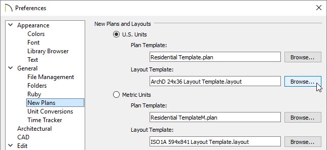 New Plans panel of the Preferences dialog where Templates can be specified