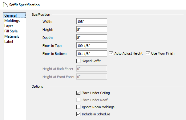 General panel of a Soffit Specification dialog