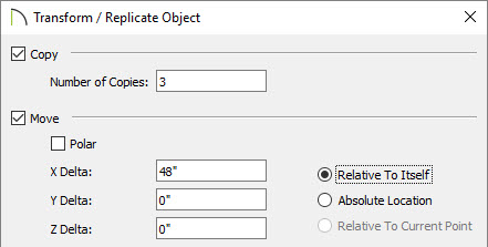 Transform/Replicate Object dialog with 3 copies spaced 48" apart