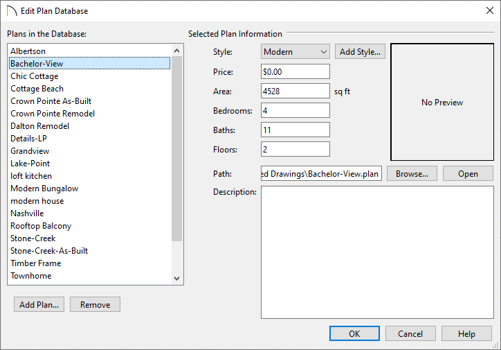 In the Edit Plan Database Dialog you can add and remove plans, change the path of a current plan, or open a plan.