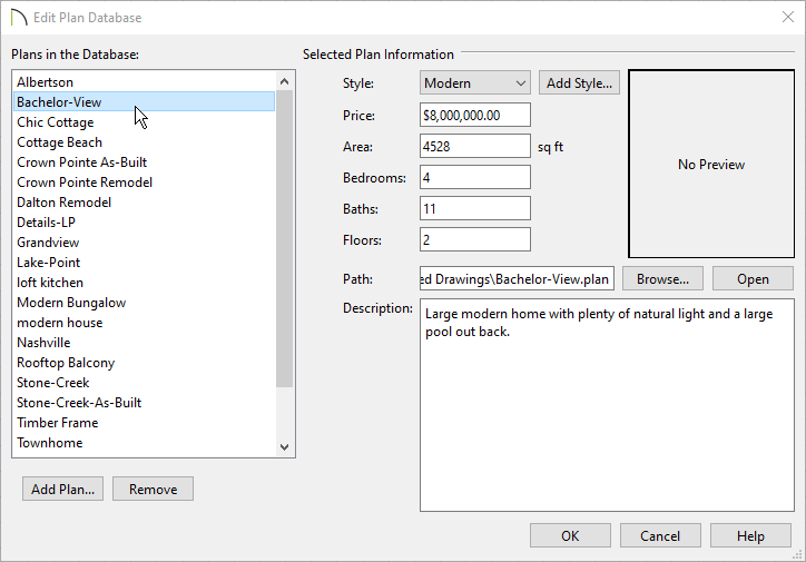 In the Edit Plan database dialog you can assign a price, description, area, and the amount of beds and baths.