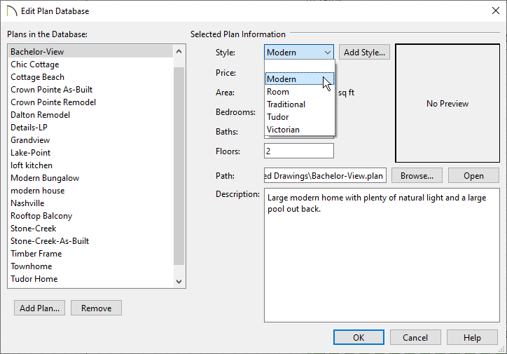 In the Edit Plan Database dialog you can give the house a style or create a new style by clicking Add Style.