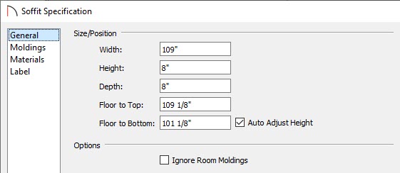 General panel of the Soffit Specification dialog