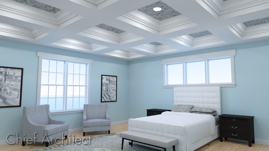 Bedroom with a coffered ceiling, chairs, and a bed Coffered ceiling created using soffits