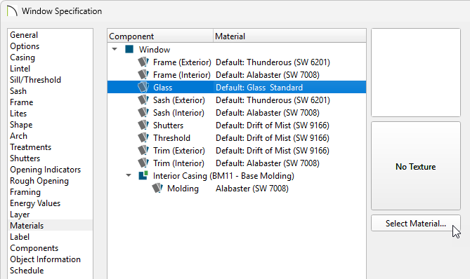 Materials panel of the Window Specification dialog
