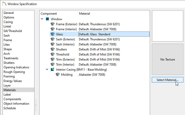 Materials panel of the Window Specification dialog