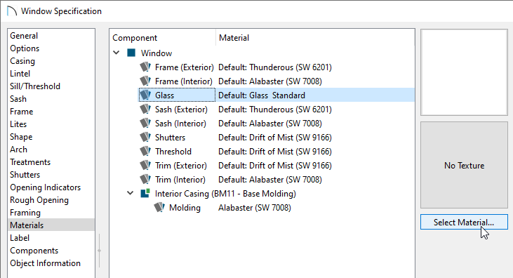 Select the Glass component on the Materials panel, then click Select Material
