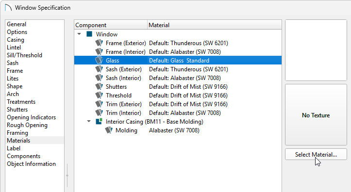 Select the Glass component on the Materials panel, then click Select Material