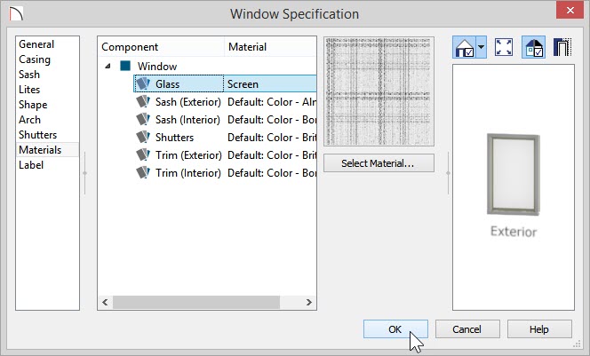 Window Specification Window Specification dialog with Screen selected as the material used in the Glass category