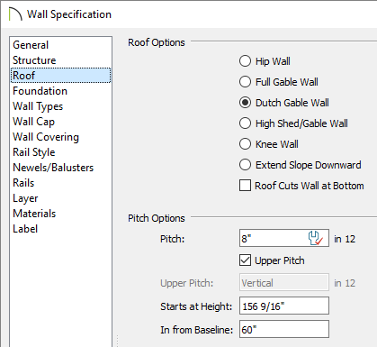 Roof panel of the wall specification dialog