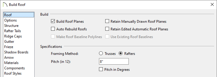 Build Roof Planes box is checked in the Build Roof dialog