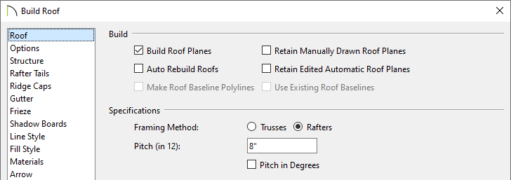 Build Roof Planes box is checked in the Build Roof dialog