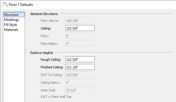 Specify a different ceiling height within the Floor Defaults dialog