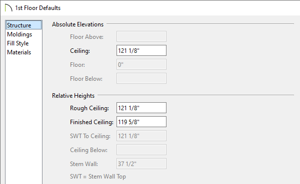 Specify a different ceiling height within the Floor Defaults dialog