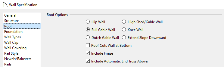 Full Gable Wall option selected on the Roof panel of the Wall Specification dialog