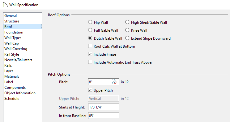 Dutch Gable Wall option selected, and pitch options specified on the Roof panel of the Wall Specification dialog