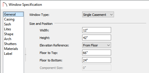 General panel of the Window Specification dialog