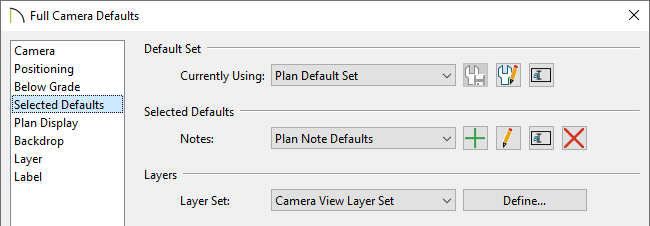 Selected Defaults panel of the Full Camera Defaults dialog