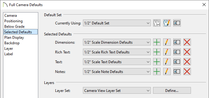 Selected Defaults panel of the Full Camera Defaults dialog
