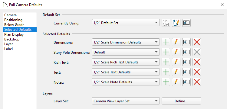 Selected Defaults panel of the Full Camera Defaults dialog