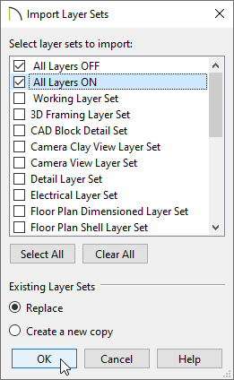 Import Layer Sets dialog with two layer sets set to replace existing layer sets within the plan they are being imported into