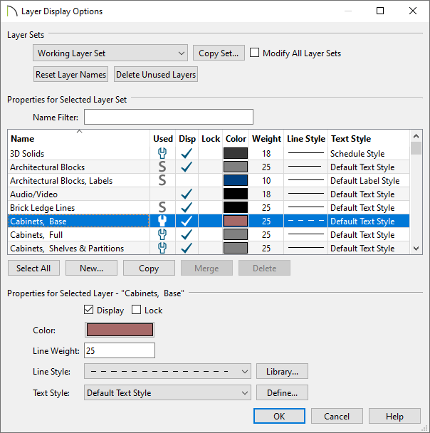 Layer Display Options dialog where layer properties can be modified