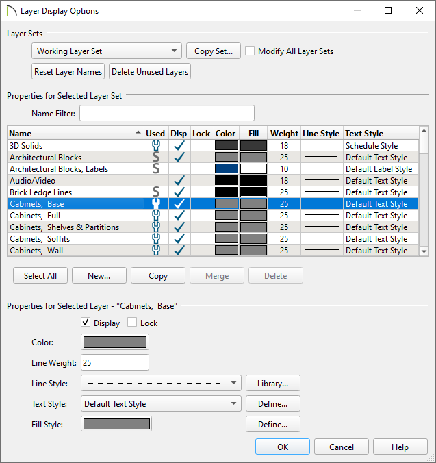 Layer Display Options dialog where layer properties can be modified