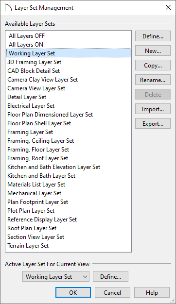 Layer Set Management dialog with the Working Layer Set selected