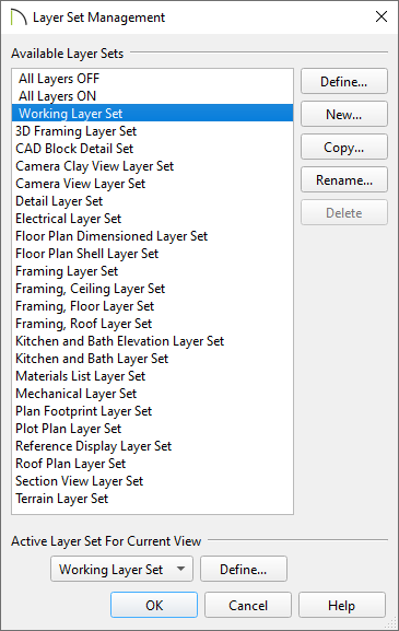 Layer Set Management dialog with the Working Layer Set selected
