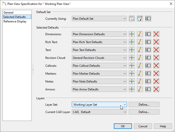 Selected Defaults panel of the Plan View Specification dialog