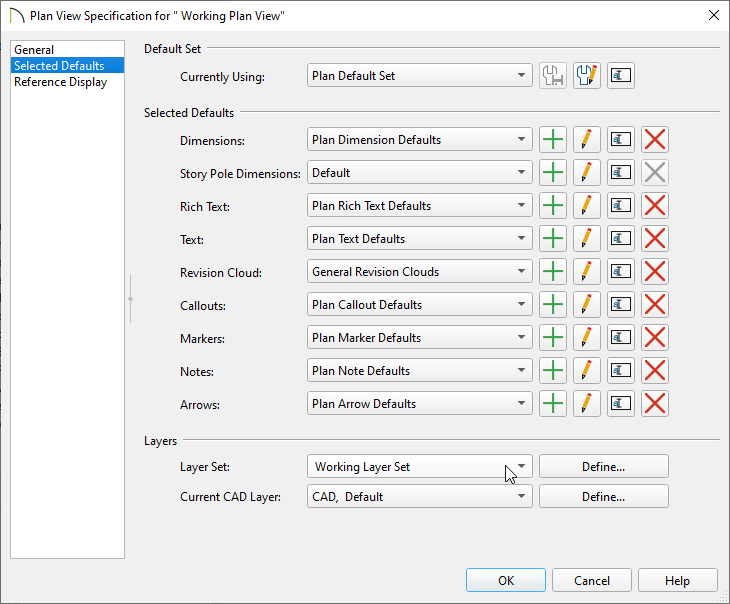 Selected Defaults panel of the Plan View Specification dialog