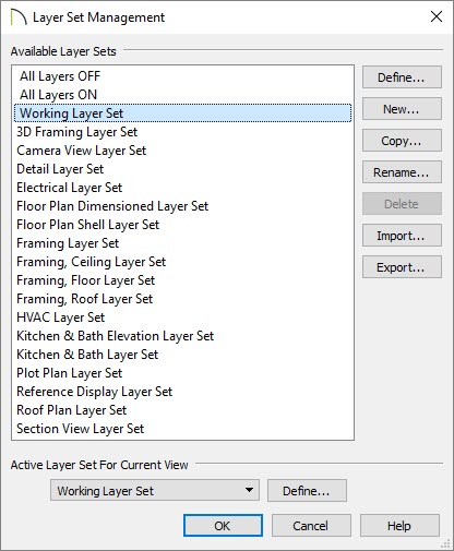 Layer Set Management dialog with the Working Layer Set selected