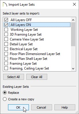 Import Layer Sets dialog with two layer sets set to replace existing layer sets within the plan they are being imported into