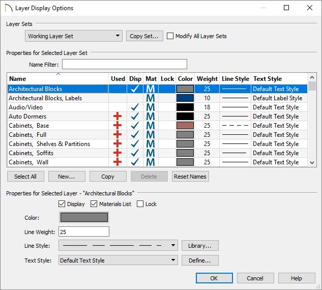 Layer Display Options dialog where layer properties can be modified