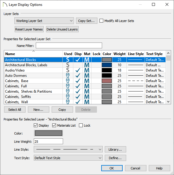 Layer Display Options dialog where layer properties can be modified