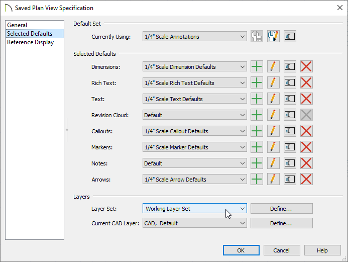 Selected Defaults panel of the Saved Plan View Specification dialog