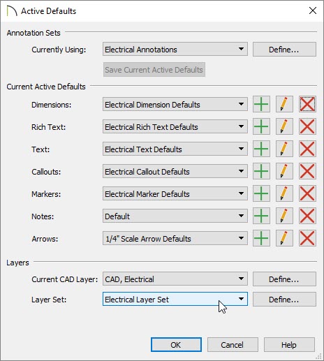 Selecting the active layer set in the Active Defaults dialog